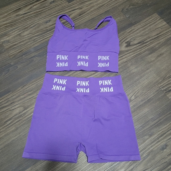 PINK Victoria’s Secret Set High Rise Biker Shorts Sports Bra L Purple Passion - Picture 4 of 8